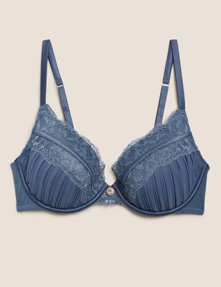Marks & Spencer + Pleat & Lace Padded Plunge Push Up Bra A-DD in Blue