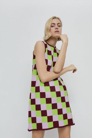 Warehouse + Checkerboard Knit Swing Dress