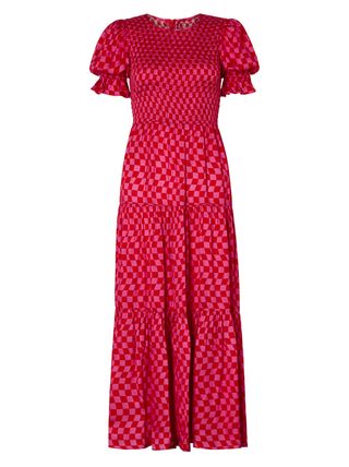 Kitri + Persephone Shirred Pink Checker Dress