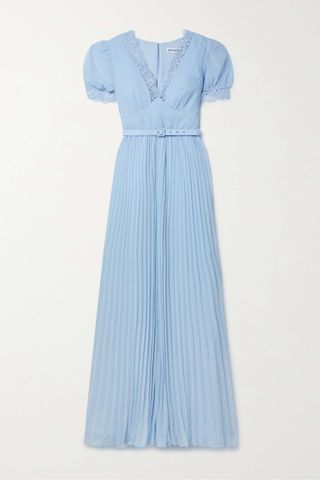 SELF-PORTRAIT + Belted Pleated Guipure Lace-Trimmed Chiffon Maxi Dress