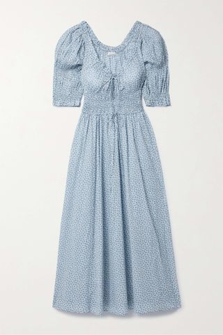 Dôen + Ischia Shirred Floral-Print Organic Cotton-Voile Maxi Dress