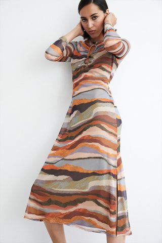 Warehouse + Abstract Print Keyhole Mesh Midi Dress