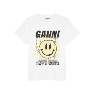 Ganni + White Printed Cotton T-Shirt