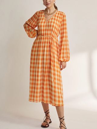 Kitri + Willow Orange Gingham Pleated Dress
