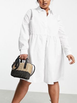 ASOS Design + Cotton Mini Smock Shirt Dress in White