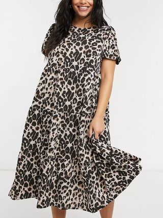 ASOS Design + Midi Tiered Smock Dress in Leopard Print