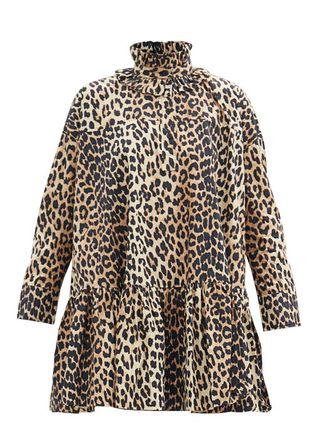 Ganni + Ruffle-Neck Leopard-Print Organic-Cotton Dress