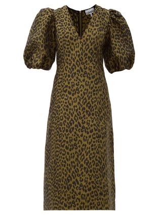 Ganni + Puff-Sleeve Leopard-Jacquard Midi Dress