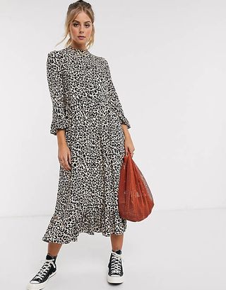 ASOS Design + Button Through Tiered Smock Maxi Dress in Leopard Print