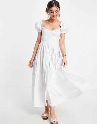 Stradivarius + Milkmaid Poplin Dress With Puff Sleeves in White