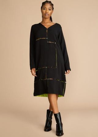 Gozel Green + Black Long Sleeve Gash Dress