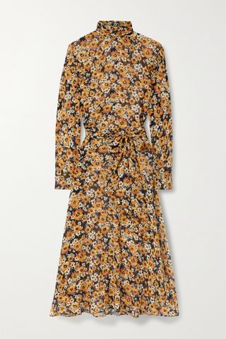 Saint Laurent + Belted Floral-Print Silk-Chiffon Midi Dress