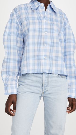 Tibi + Spring Plaid Scallop Sleeve Cropped Shirt