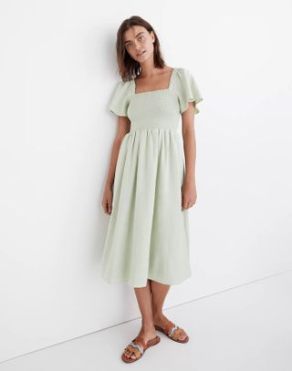 Madewell + Linen-Blend Lucie Smocked Midi Dress