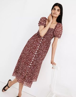 Madewell + Lucie Smocked Button-Front Midi Dress in Batik Vine