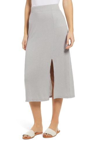 Everleigh + Ribbed Front Slit Midi Skirt