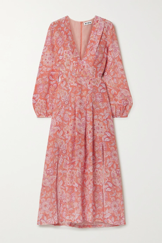 Rixo + Camellia Pleated Floral-Print Silk Crepe de Chine Midi Dress