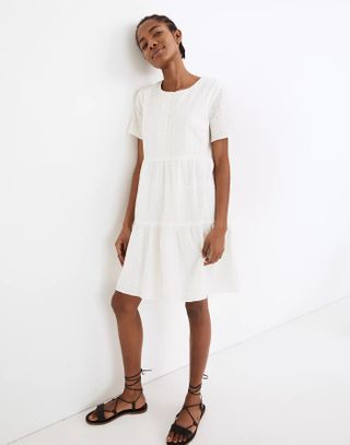 Madewell + Embroidered Eyelet Button-Front Tiered Mini Dress