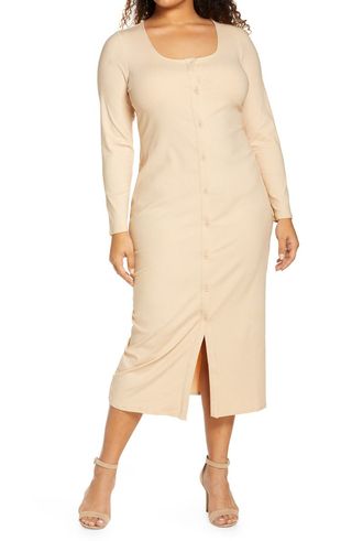 Fourteenth Place + Button-Up Long Sleeve Knit Midi Dress