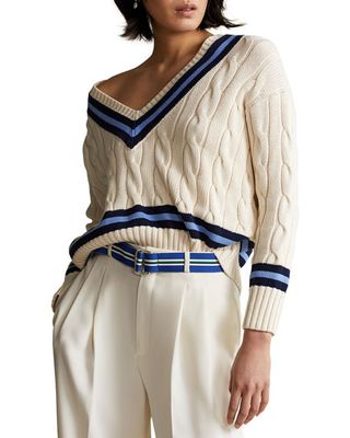Polo Ralph Lauren + V-Neck Cable-Knit Sweater with Stripes