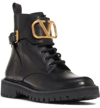 Valentino + V-Logo Buckle Combat Boots