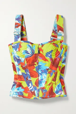 Christopher John Rogers + Topstitched Floral-Print Cotton-Twill Bustier Top