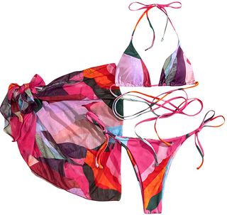 Soly Hux + Wrap Bikini W/ Mesh Sarong in Multi Pink