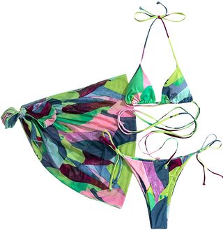 Soly Hux + Wrap Bikini W/ Mesh Sarong in Multi Green