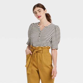 Who What Wear + Striped Puff Elbow Sleeve Henley Shirt