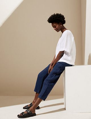 M&S Collection + Pure Linen Belted Tapered Trousers