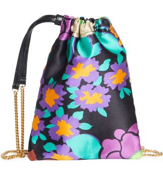 Saint Laurent + Mini Pochon Floral Print Satin Drawstring Pouch Shoulder Bag