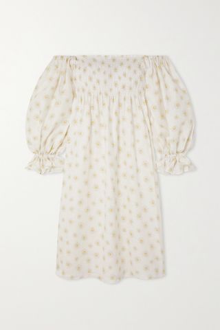 Sleeper + Atlanta Off-The-Shoulder Shirred Floral-Print Linen Midi Dress