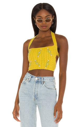 Danielle Guizio + Cable Knit Floral Embroidered Halter Top