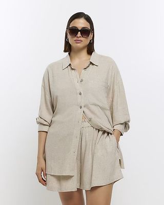 River Island + Plus Stone Oversized Shirt With Linen