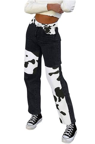 Maszone + High Waisted Pants Straight Leg Patchwork Cow Print Jeans