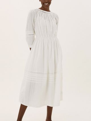 M&S Collection + Pure Cotton Lace Trim Waisted Dress