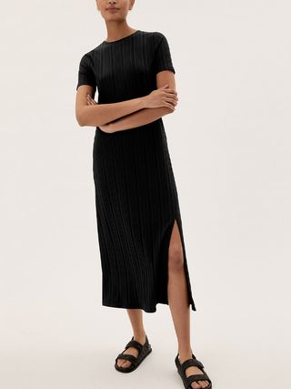 M&S Collection + Jersey Ribbed Round Neck Midi Column Dress