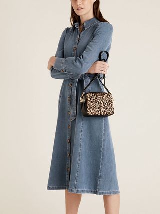 M&S Collection + Denim Puff Sleeve Belted Midi Shirt Dress