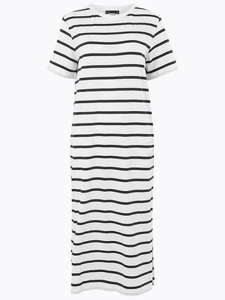 M&S Collection + Pure Cotton Striped Midi T-Shirt Dress