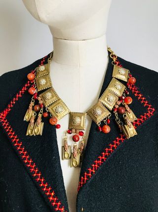 Vintage + Gold Tone Necklace With Red Glass Beads