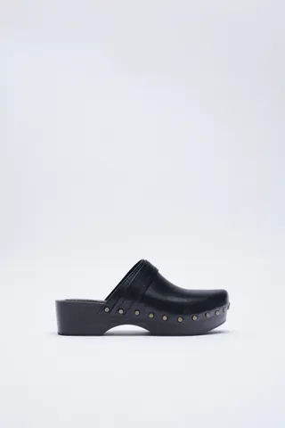 Zara + Studded Wood and Leather Clogs