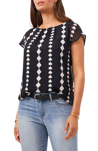 Vince Camuto + Embroidered Geo Pattern Chiffon Blouse