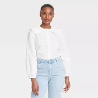 Who What Wear + Long Sleeve Blouse in White