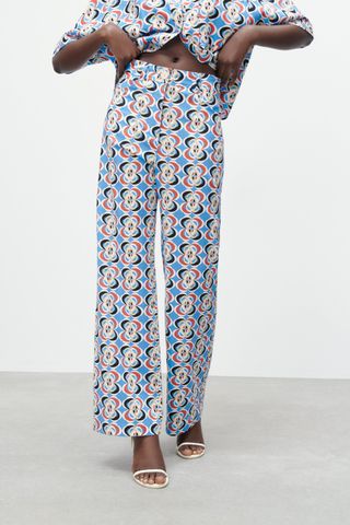 Zara + Geometric Print Linen Blend Trousers