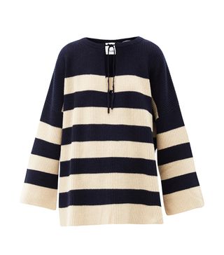 Allude + Tie-Neck Striped Wool-Blend Sweater