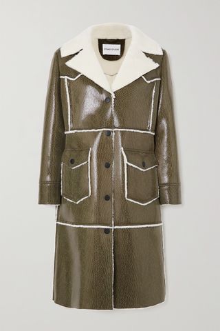Stand Studio + Adele Faux Shearling-Trimmed Snake-Effect Faux Patent-Leather Coat