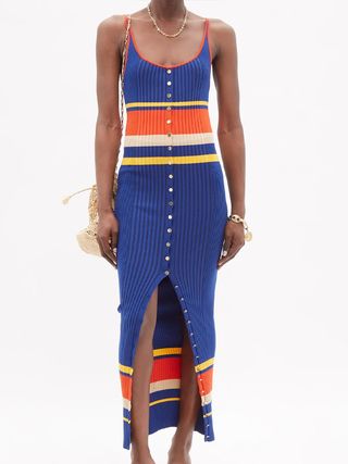 Paco Rabanne + Striped Ribbed Cotton-Blend Maxi Dress