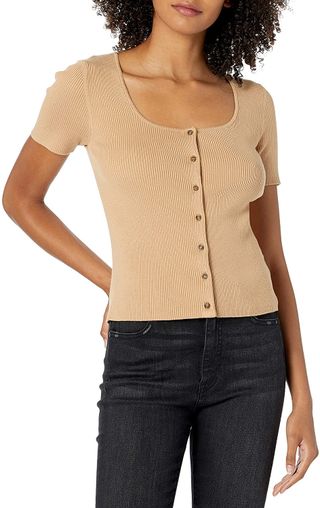 The Drop + Short Sleeve Square Neck Button Front Rib Cardigan