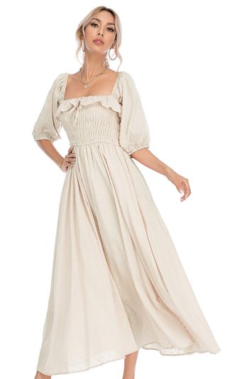 R.Vivimos + Cotton Ruffled Vintage Elegant Backless Long Dresses