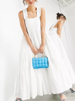 ASOS Edition + Tiered Trapeze Midi Dress With Ruffle Strap in White
